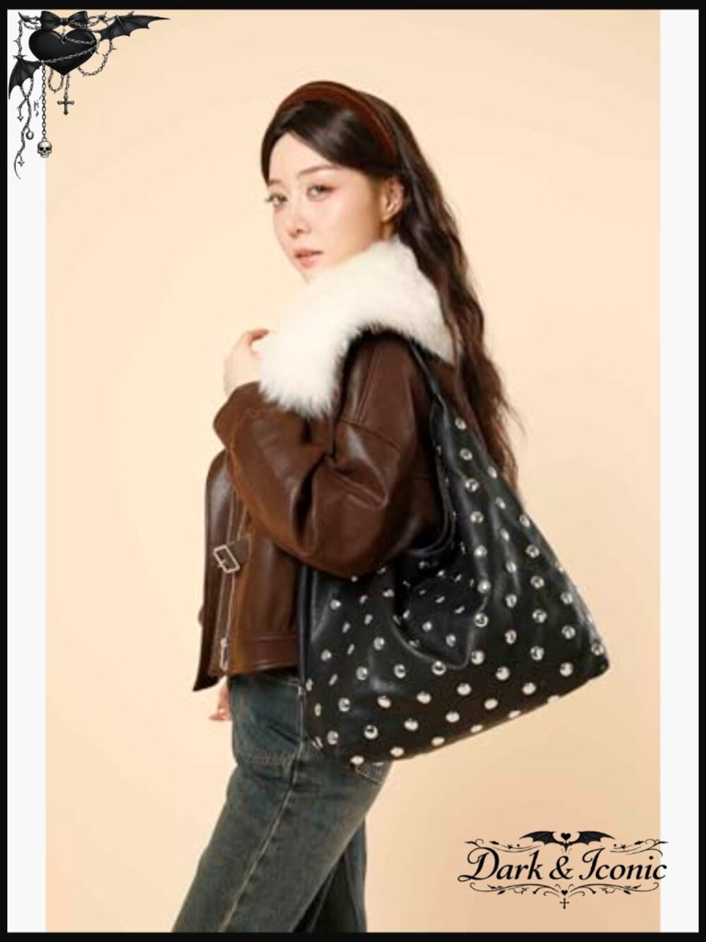 Studded Hobo Purse, Leather Tote Bag Rivet Studded Shoulder Bag Punk Handbag - Picture 6 of 7